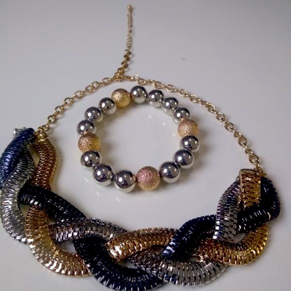 ECETERA 2 pc Braided Choker Necklace & Bracelet Jewelry Set - Picture 3 of 5